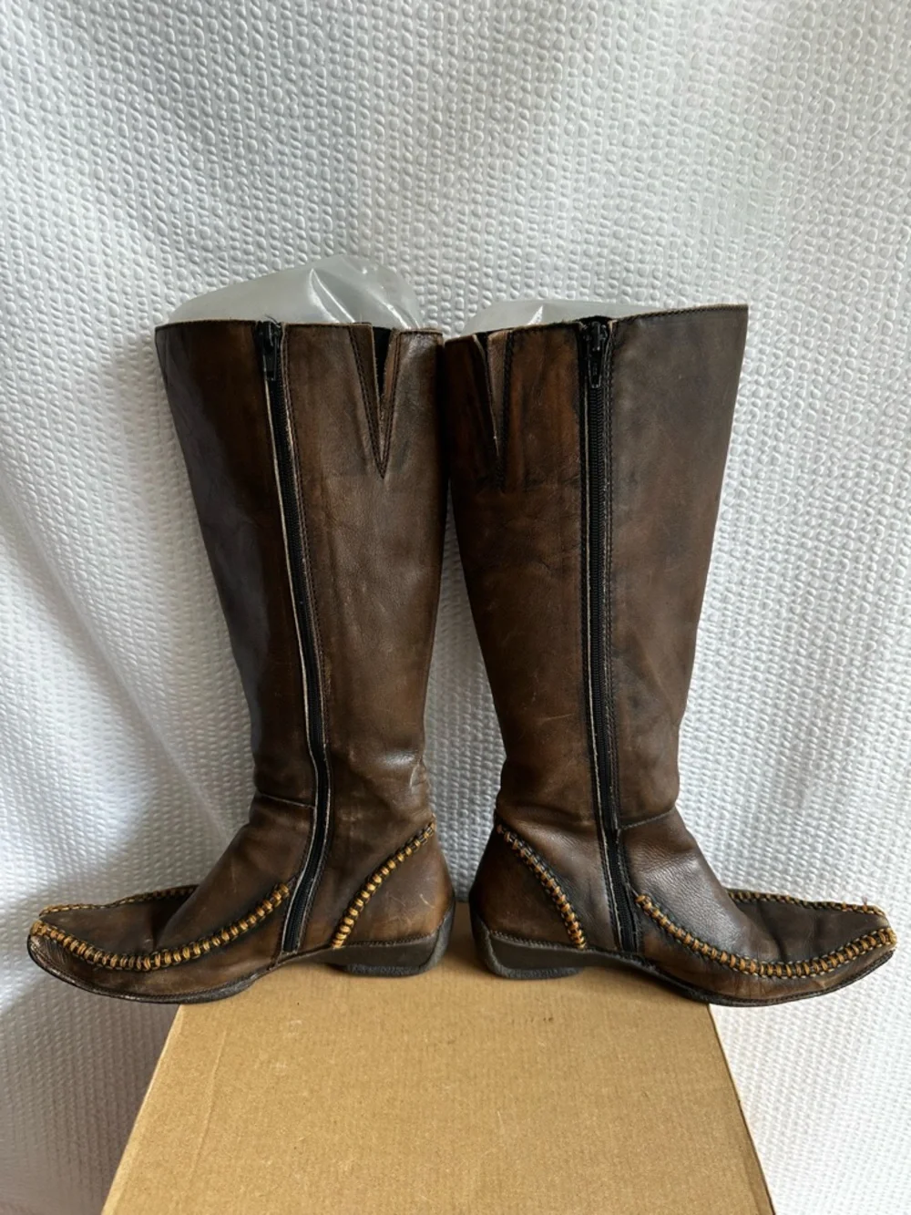 Pikolinos Brown Distressed Leather Tall Boots Whipstitch Side Zip Women’s EU 38